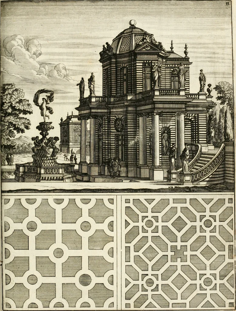 An illustration from Architectura curiosa nova, exponens 1. Fundamenta hydragogica, indolemq[ue] aquæ, aëris interventu in altum levandæ. 2. Varios aquarum ac salientium fontium lusus per varia spectatu jucunda epistomiorum seu siphonum genera. 3. Magnum amnissimorum fontium, machinarumq[ue] aquæductoriarum sumtu magno exstructarum, ac per Italiam, Britanniam, Germaniam &c. visendarum, numerum. 4. Specus artificiales sumtuosissimas, cum plerisq[ue] principum europæorum palatiis, hortis, aulis; nec non præcipuis monasteriis atq[ue] arcibus. 5. Cum auctario figurarum elegantissimarum, ad hortorum topiaria vario ductù dividenda, nec non conclavium laquearibus ac pavimentis segmentandis, itemq[ue] labyrinthis construendis, adhibendarum. Omnia 200 æri incisis... descripta, 1664, leaf 468