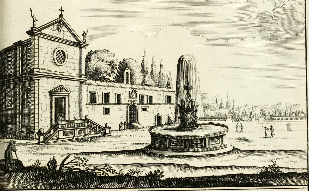 An illustration from Architectura curiosa nova, exponens 1. Fundamenta hydragogica, indolemq[ue] aquæ, aëris interventu in altum levandæ. 2. Varios aquarum ac salientium fontium lusus per varia spectatu jucunda epistomiorum seu siphonum genera. 3. Magnum amnissimorum fontium, machinarumq[ue] aquæductoriarum sumtu magno exstructarum, ac per Italiam, Britanniam, Germaniam &c. visendarum, numerum. 4. Specus artificiales sumtuosissimas, cum plerisq[ue] principum europæorum palatiis, hortis, aulis; nec non præcipuis monasteriis atq[ue] arcibus. 5. Cum auctario figurarum elegantissimarum, ad hortorum topiaria vario ductù dividenda, nec non conclavium laquearibus ac pavimentis segmentandis, itemq[ue] labyrinthis construendis, adhibendarum. Omnia 200 æri incisis... descripta, 1664, leaf 470