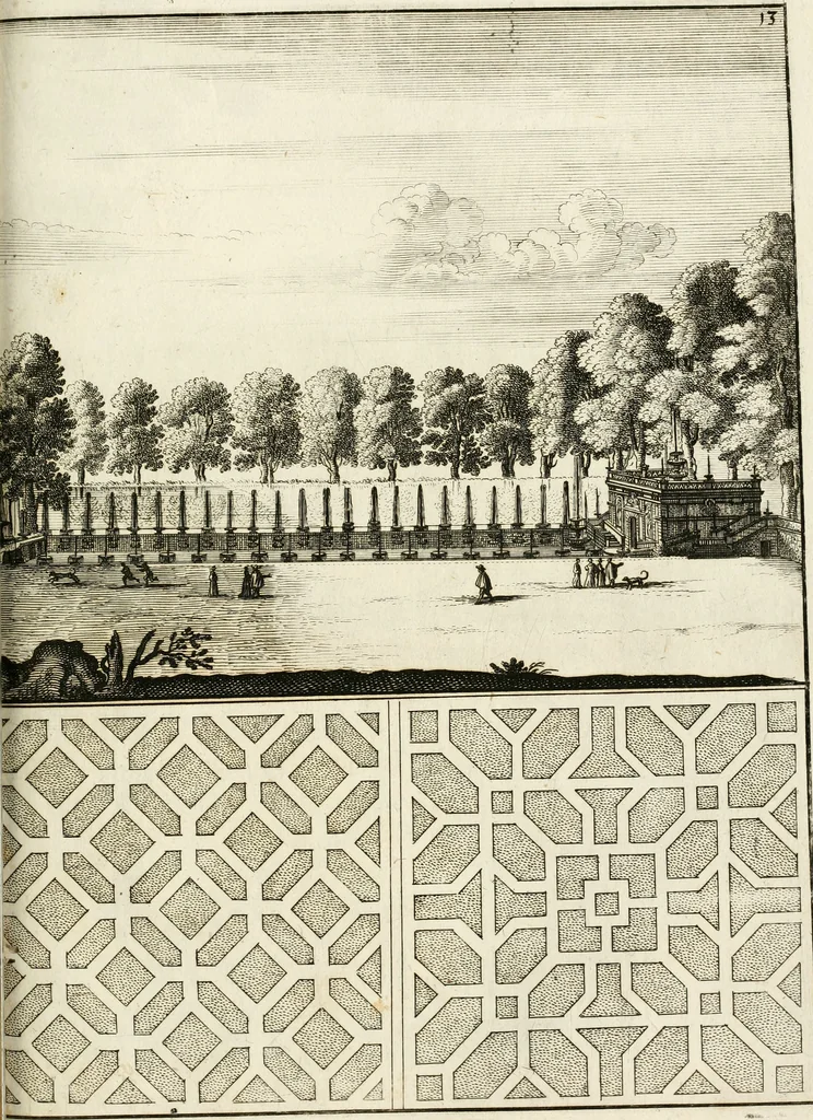 An illustration from Architectura curiosa nova, exponens 1. Fundamenta hydragogica, indolemq[ue] aquæ, aëris interventu in altum levandæ. 2. Varios aquarum ac salientium fontium lusus per varia spectatu jucunda epistomiorum seu siphonum genera. 3. Magnum amnissimorum fontium, machinarumq[ue] aquæductoriarum sumtu magno exstructarum, ac per Italiam, Britanniam, Germaniam &c. visendarum, numerum. 4. Specus artificiales sumtuosissimas, cum plerisq[ue] principum europæorum palatiis, hortis, aulis; nec non præcipuis monasteriis atq[ue] arcibus. 5. Cum auctario figurarum elegantissimarum, ad hortorum topiaria vario ductù dividenda, nec non conclavium laquearibus ac pavimentis segmentandis, itemq[ue] labyrinthis construendis, adhibendarum. Omnia 200 æri incisis... descripta, 1664, leaf 472