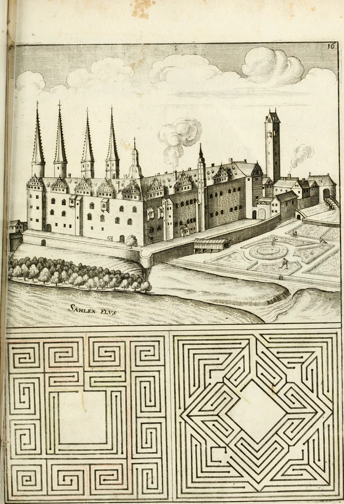 An illustration from Architectura curiosa nova, exponens 1. Fundamenta hydragogica, indolemq[ue] aquæ, aëris interventu in altum levandæ. 2. Varios aquarum ac salientium fontium lusus per varia spectatu jucunda epistomiorum seu siphonum genera. 3. Magnum amnissimorum fontium, machinarumq[ue] aquæductoriarum sumtu magno exstructarum, ac per Italiam, Britanniam, Germaniam &c. visendarum, numerum. 4. Specus artificiales sumtuosissimas, cum plerisq[ue] principum europæorum palatiis, hortis, aulis; nec non præcipuis monasteriis atq[ue] arcibus. 5. Cum auctario figurarum elegantissimarum, ad hortorum topiaria vario ductù dividenda, nec non conclavium laquearibus ac pavimentis segmentandis, itemq[ue] labyrinthis construendis, adhibendarum. Omnia 200 æri incisis... descripta, 1664, leaf 478