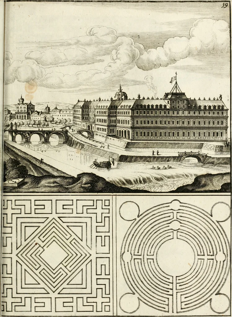 An illustration from Architectura curiosa nova, exponens 1. Fundamenta hydragogica, indolemq[ue] aquæ, aëris interventu in altum levandæ. 2. Varios aquarum ac salientium fontium lusus per varia spectatu jucunda epistomiorum seu siphonum genera. 3. Magnum amnissimorum fontium, machinarumq[ue] aquæductoriarum sumtu magno exstructarum, ac per Italiam, Britanniam, Germaniam &c. visendarum, numerum. 4. Specus artificiales sumtuosissimas, cum plerisq[ue] principum europæorum palatiis, hortis, aulis; nec non præcipuis monasteriis atq[ue] arcibus. 5. Cum auctario figurarum elegantissimarum, ad hortorum topiaria vario ductù dividenda, nec non conclavium laquearibus ac pavimentis segmentandis, itemq[ue] labyrinthis construendis, adhibendarum. Omnia 200 æri incisis... descripta, 1664, leaf 484