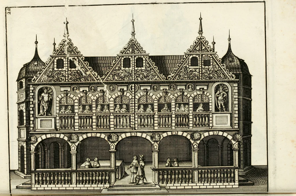 An illustration from Architectura curiosa nova, exponens 1. Fundamenta hydragogica, indolemq[ue] aquæ, aëris interventu in altum levandæ. 2. Varios aquarum ac salientium fontium lusus per varia spectatu jucunda epistomiorum seu siphonum genera. 3. Magnum amnissimorum fontium, machinarumq[ue] aquæductoriarum sumtu magno exstructarum, ac per Italiam, Britanniam, Germaniam &c. visendarum, numerum. 4. Specus artificiales sumtuosissimas, cum plerisq[ue] principum europæorum palatiis, hortis, aulis; nec non præcipuis monasteriis atq[ue] arcibus. 5. Cum auctario figurarum elegantissimarum, ad hortorum topiaria vario ductù dividenda, nec non conclavium laquearibus ac pavimentis segmentandis, itemq[ue] labyrinthis construendis, adhibendarum. Omnia 200 æri incisis... descripta, 1664, leaf 486