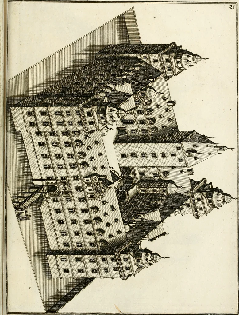An illustration from Architectura curiosa nova, exponens 1. Fundamenta hydragogica, indolemq[ue] aquæ, aëris interventu in altum levandæ. 2. Varios aquarum ac salientium fontium lusus per varia spectatu jucunda epistomiorum seu siphonum genera. 3. Magnum amnissimorum fontium, machinarumq[ue] aquæductoriarum sumtu magno exstructarum, ac per Italiam, Britanniam, Germaniam &c. visendarum, numerum. 4. Specus artificiales sumtuosissimas, cum plerisq[ue] principum europæorum palatiis, hortis, aulis; nec non præcipuis monasteriis atq[ue] arcibus. 5. Cum auctario figurarum elegantissimarum, ad hortorum topiaria vario ductù dividenda, nec non conclavium laquearibus ac pavimentis segmentandis, itemq[ue] labyrinthis construendis, adhibendarum. Omnia 200 æri incisis... descripta, 1664, leaf 488