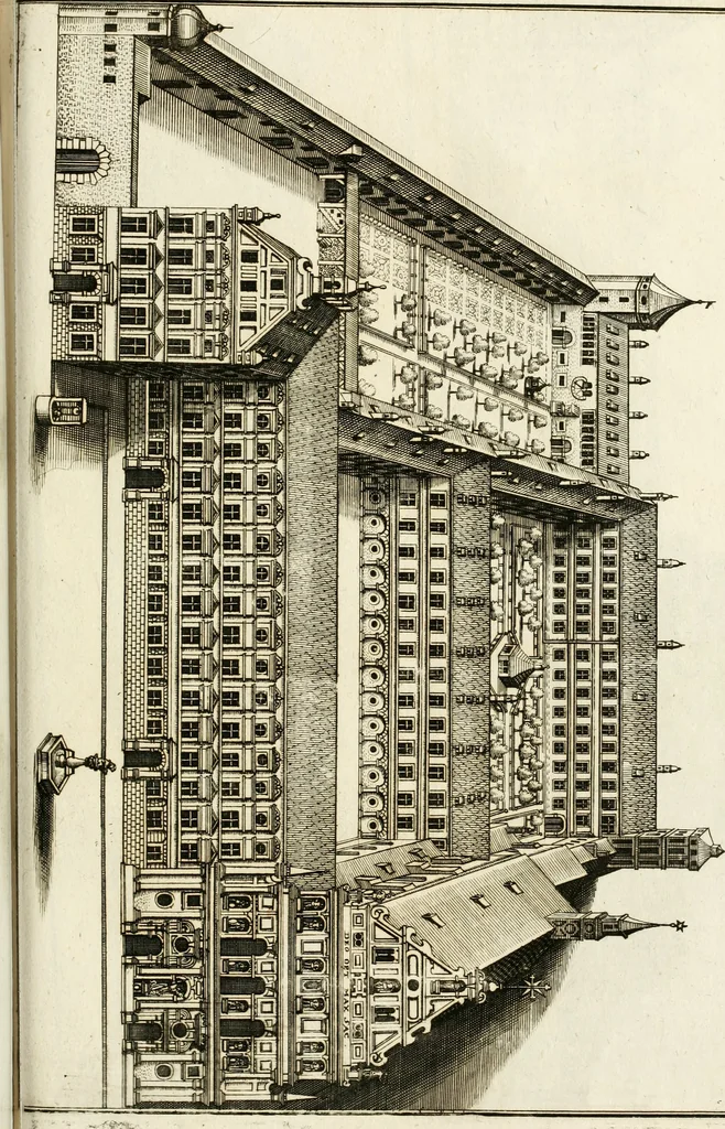 An illustration from Architectura curiosa nova, exponens 1. Fundamenta hydragogica, indolemq[ue] aquæ, aëris interventu in altum levandæ. 2. Varios aquarum ac salientium fontium lusus per varia spectatu jucunda epistomiorum seu siphonum genera. 3. Magnum amnissimorum fontium, machinarumq[ue] aquæductoriarum sumtu magno exstructarum, ac per Italiam, Britanniam, Germaniam &c. visendarum, numerum. 4. Specus artificiales sumtuosissimas, cum plerisq[ue] principum europæorum palatiis, hortis, aulis; nec non præcipuis monasteriis atq[ue] arcibus. 5. Cum auctario figurarum elegantissimarum, ad hortorum topiaria vario ductù dividenda, nec non conclavium laquearibus ac pavimentis segmentandis, itemq[ue] labyrinthis construendis, adhibendarum. Omnia 200 æri incisis... descripta, 1664, leaf 490