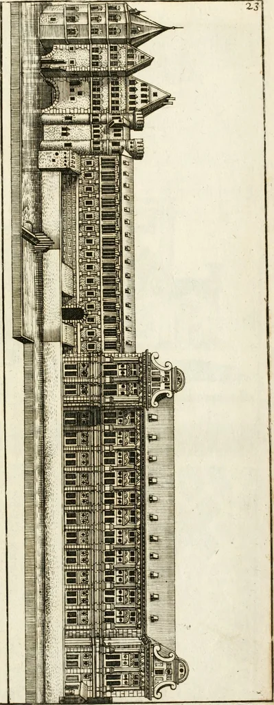 An illustration from Architectura curiosa nova, exponens 1. Fundamenta hydragogica, indolemq[ue] aquæ, aëris interventu in altum levandæ. 2. Varios aquarum ac salientium fontium lusus per varia spectatu jucunda epistomiorum seu siphonum genera. 3. Magnum amnissimorum fontium, machinarumq[ue] aquæductoriarum sumtu magno exstructarum, ac per Italiam, Britanniam, Germaniam &c. visendarum, numerum. 4. Specus artificiales sumtuosissimas, cum plerisq[ue] principum europæorum palatiis, hortis, aulis; nec non præcipuis monasteriis atq[ue] arcibus. 5. Cum auctario figurarum elegantissimarum, ad hortorum topiaria vario ductù dividenda, nec non conclavium laquearibus ac pavimentis segmentandis, itemq[ue] labyrinthis construendis, adhibendarum. Omnia 200 æri incisis... descripta, 1664, leaf 492