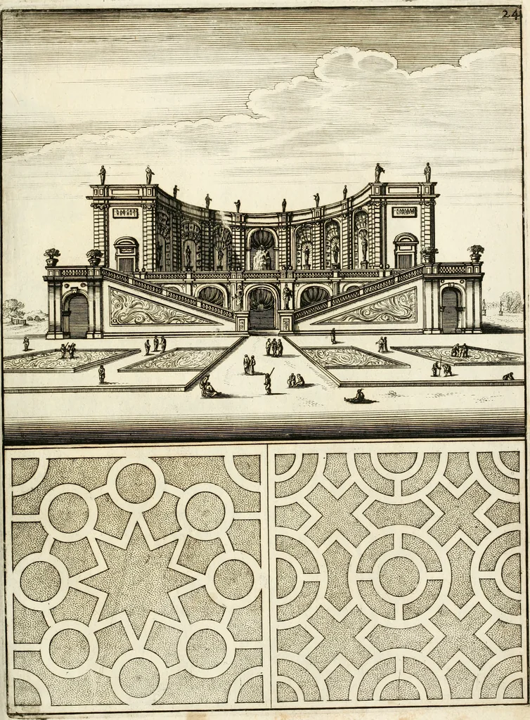 An illustration from Architectura curiosa nova, exponens 1. Fundamenta hydragogica, indolemq[ue] aquæ, aëris interventu in altum levandæ. 2. Varios aquarum ac salientium fontium lusus per varia spectatu jucunda epistomiorum seu siphonum genera. 3. Magnum amnissimorum fontium, machinarumq[ue] aquæductoriarum sumtu magno exstructarum, ac per Italiam, Britanniam, Germaniam &c. visendarum, numerum. 4. Specus artificiales sumtuosissimas, cum plerisq[ue] principum europæorum palatiis, hortis, aulis; nec non præcipuis monasteriis atq[ue] arcibus. 5. Cum auctario figurarum elegantissimarum, ad hortorum topiaria vario ductù dividenda, nec non conclavium laquearibus ac pavimentis segmentandis, itemq[ue] labyrinthis construendis, adhibendarum. Omnia 200 æri incisis... descripta, 1664, leaf 494