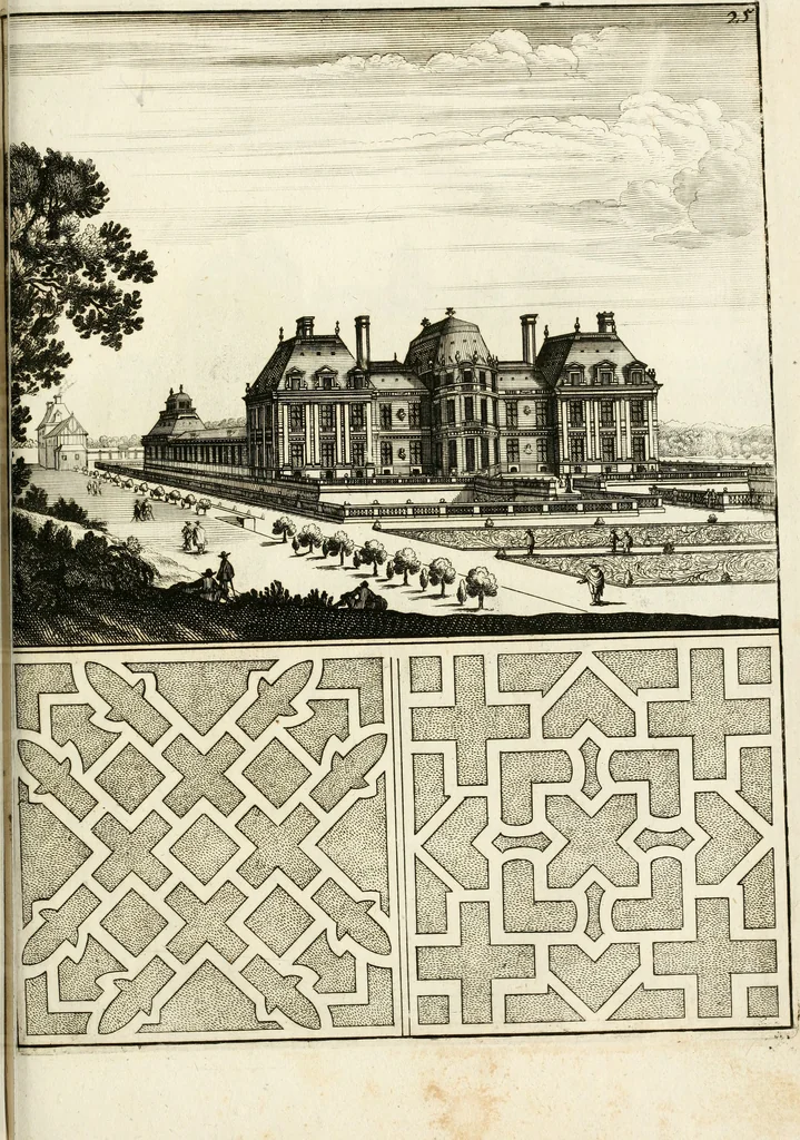 An illustration from Architectura curiosa nova, exponens 1. Fundamenta hydragogica, indolemq[ue] aquæ, aëris interventu in altum levandæ. 2. Varios aquarum ac salientium fontium lusus per varia spectatu jucunda epistomiorum seu siphonum genera. 3. Magnum amnissimorum fontium, machinarumq[ue] aquæductoriarum sumtu magno exstructarum, ac per Italiam, Britanniam, Germaniam &c. visendarum, numerum. 4. Specus artificiales sumtuosissimas, cum plerisq[ue] principum europæorum palatiis, hortis, aulis; nec non præcipuis monasteriis atq[ue] arcibus. 5. Cum auctario figurarum elegantissimarum, ad hortorum topiaria vario ductù dividenda, nec non conclavium laquearibus ac pavimentis segmentandis, itemq[ue] labyrinthis construendis, adhibendarum. Omnia 200 æri incisis... descripta, 1664, leaf 496
