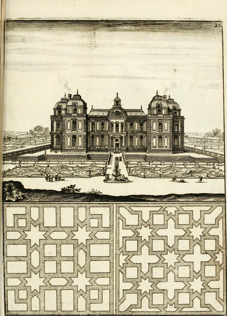 An illustration from Architectura curiosa nova, exponens 1. Fundamenta hydragogica, indolemq[ue] aquæ, aëris interventu in altum levandæ. 2. Varios aquarum ac salientium fontium lusus per varia spectatu jucunda epistomiorum seu siphonum genera. 3. Magnum amnissimorum fontium, machinarumq[ue] aquæductoriarum sumtu magno exstructarum, ac per Italiam, Britanniam, Germaniam &c. visendarum, numerum. 4. Specus artificiales sumtuosissimas, cum plerisq[ue] principum europæorum palatiis, hortis, aulis; nec non præcipuis monasteriis atq[ue] arcibus. 5. Cum auctario figurarum elegantissimarum, ad hortorum topiaria vario ductù dividenda, nec non conclavium laquearibus ac pavimentis segmentandis, itemq[ue] labyrinthis construendis, adhibendarum. Omnia 200 æri incisis... descripta, 1664, leaf 498