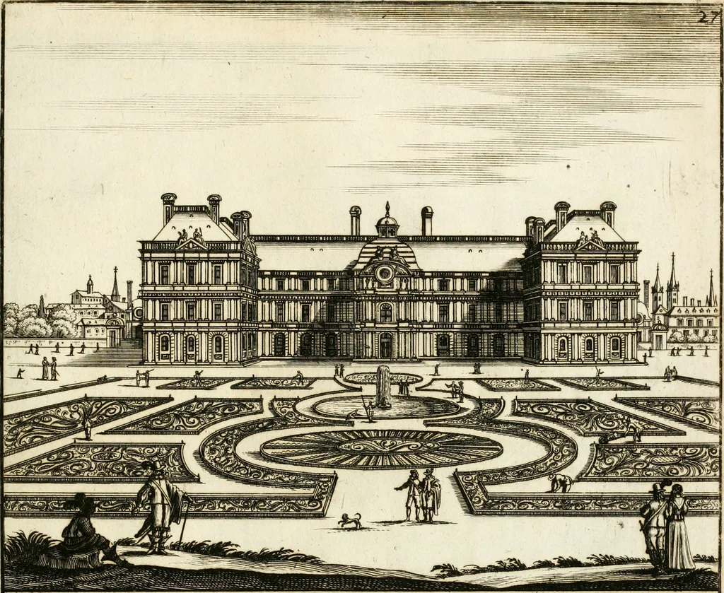 An illustration from Architectura curiosa nova, exponens 1. Fundamenta hydragogica, indolemq[ue] aquæ, aëris interventu in altum levandæ. 2. Varios aquarum ac salientium fontium lusus per varia spectatu jucunda epistomiorum seu siphonum genera. 3. Magnum amnissimorum fontium, machinarumq[ue] aquæductoriarum sumtu magno exstructarum, ac per Italiam, Britanniam, Germaniam &c. visendarum, numerum. 4. Specus artificiales sumtuosissimas, cum plerisq[ue] principum europæorum palatiis, hortis, aulis; nec non præcipuis monasteriis atq[ue] arcibus. 5. Cum auctario figurarum elegantissimarum, ad hortorum topiaria vario ductù dividenda, nec non conclavium laquearibus ac pavimentis segmentandis, itemq[ue] labyrinthis construendis, adhibendarum. Omnia 200 æri incisis... descripta, 1664, leaf 500