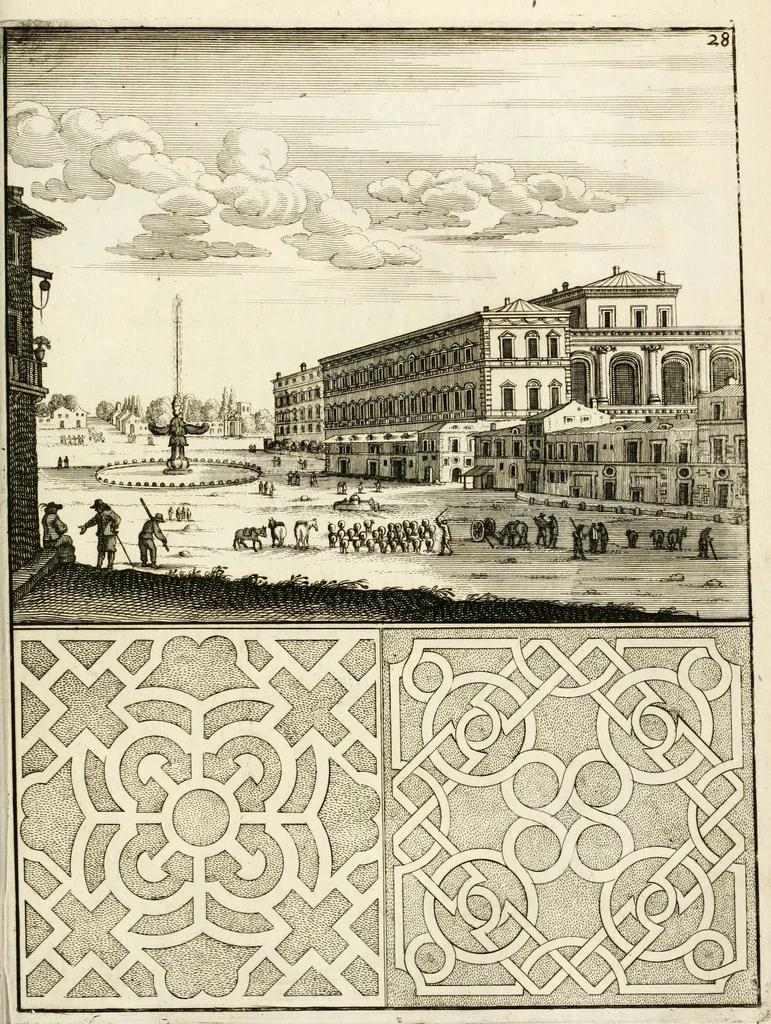 An illustration from Architectura curiosa nova, exponens 1. Fundamenta hydragogica, indolemq[ue] aquæ, aëris interventu in altum levandæ. 2. Varios aquarum ac salientium fontium lusus per varia spectatu jucunda epistomiorum seu siphonum genera. 3. Magnum amnissimorum fontium, machinarumq[ue] aquæductoriarum sumtu magno exstructarum, ac per Italiam, Britanniam, Germaniam &c. visendarum, numerum. 4. Specus artificiales sumtuosissimas, cum plerisq[ue] principum europæorum palatiis, hortis, aulis; nec non præcipuis monasteriis atq[ue] arcibus. 5. Cum auctario figurarum elegantissimarum, ad hortorum topiaria vario ductù dividenda, nec non conclavium laquearibus ac pavimentis segmentandis, itemq[ue] labyrinthis construendis, adhibendarum. Omnia 200 æri incisis... descripta, 1664, leaf 502
