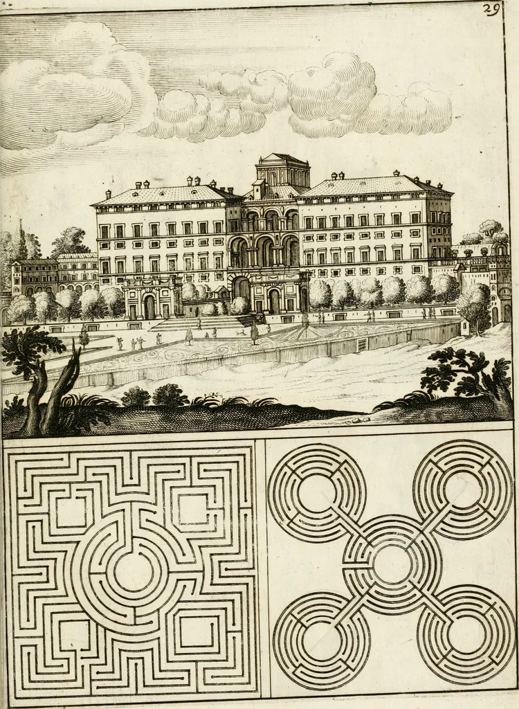 An illustration from Architectura curiosa nova, exponens 1. Fundamenta hydragogica, indolemq[ue] aquæ, aëris interventu in altum levandæ. 2. Varios aquarum ac salientium fontium lusus per varia spectatu jucunda epistomiorum seu siphonum genera. 3. Magnum amnissimorum fontium, machinarumq[ue] aquæductoriarum sumtu magno exstructarum, ac per Italiam, Britanniam, Germaniam &c. visendarum, numerum. 4. Specus artificiales sumtuosissimas, cum plerisq[ue] principum europæorum palatiis, hortis, aulis; nec non præcipuis monasteriis atq[ue] arcibus. 5. Cum auctario figurarum elegantissimarum, ad hortorum topiaria vario ductù dividenda, nec non conclavium laquearibus ac pavimentis segmentandis, itemq[ue] labyrinthis construendis, adhibendarum. Omnia 200 æri incisis... descripta, 1664, leaf 504