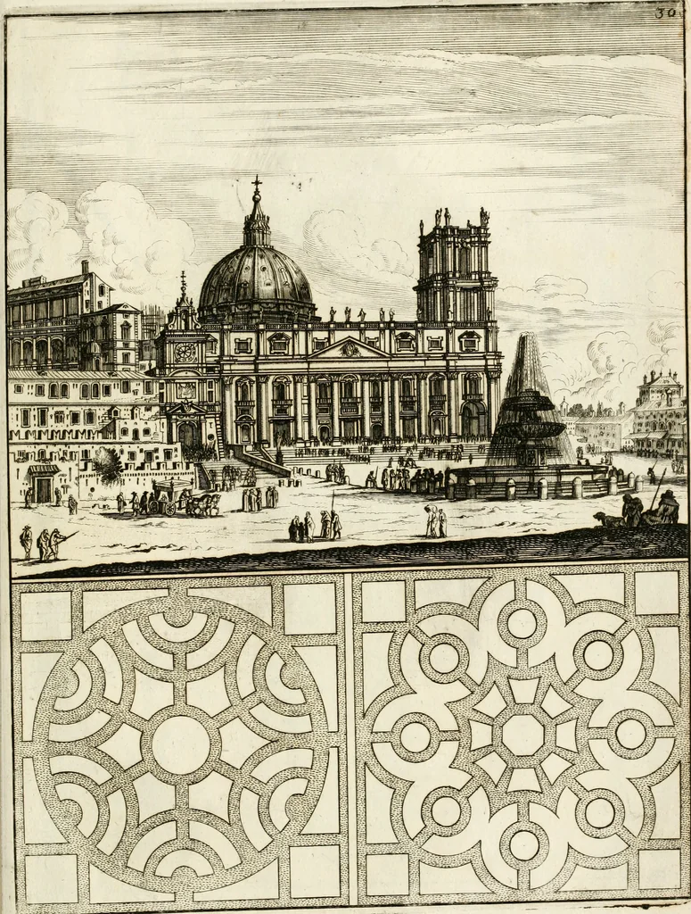 An illustration from Architectura curiosa nova, exponens 1. Fundamenta hydragogica, indolemq[ue] aquæ, aëris interventu in altum levandæ. 2. Varios aquarum ac salientium fontium lusus per varia spectatu jucunda epistomiorum seu siphonum genera. 3. Magnum amnissimorum fontium, machinarumq[ue] aquæductoriarum sumtu magno exstructarum, ac per Italiam, Britanniam, Germaniam &c. visendarum, numerum. 4. Specus artificiales sumtuosissimas, cum plerisq[ue] principum europæorum palatiis, hortis, aulis; nec non præcipuis monasteriis atq[ue] arcibus. 5. Cum auctario figurarum elegantissimarum, ad hortorum topiaria vario ductù dividenda, nec non conclavium laquearibus ac pavimentis segmentandis, itemq[ue] labyrinthis construendis, adhibendarum. Omnia 200 æri incisis... descripta, 1664, leaf 506