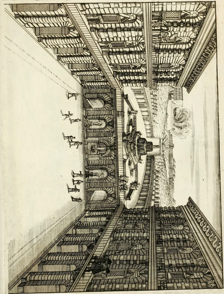 An illustration from Architectura curiosa nova, exponens 1. Fundamenta hydragogica, indolemq[ue] aquæ, aëris interventu in altum levandæ. 2. Varios aquarum ac salientium fontium lusus per varia spectatu jucunda epistomiorum seu siphonum genera. 3. Magnum amnissimorum fontium, machinarumq[ue] aquæductoriarum sumtu magno exstructarum, ac per Italiam, Britanniam, Germaniam &c. visendarum, numerum. 4. Specus artificiales sumtuosissimas, cum plerisq[ue] principum europæorum palatiis, hortis, aulis; nec non præcipuis monasteriis atq[ue] arcibus. 5. Cum auctario figurarum elegantissimarum, ad hortorum topiaria vario ductù dividenda, nec non conclavium laquearibus ac pavimentis segmentandis, itemq[ue] labyrinthis construendis, adhibendarum. Omnia 200 æri incisis... descripta, 1664, leaf 510