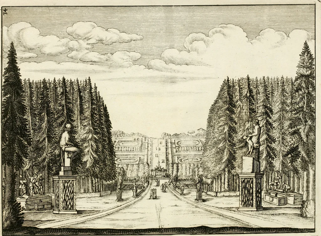 An illustration from Architectura curiosa nova, exponens 1. Fundamenta hydragogica, indolemq[ue] aquæ, aëris interventu in altum levandæ. 2. Varios aquarum ac salientium fontium lusus per varia spectatu jucunda epistomiorum seu siphonum genera. 3. Magnum amnissimorum fontium, machinarumq[ue] aquæductoriarum sumtu magno exstructarum, ac per Italiam, Britanniam, Germaniam &c. visendarum, numerum. 4. Specus artificiales sumtuosissimas, cum plerisq[ue] principum europæorum palatiis, hortis, aulis; nec non præcipuis monasteriis atq[ue] arcibus. 5. Cum auctario figurarum elegantissimarum, ad hortorum topiaria vario ductù dividenda, nec non conclavium laquearibus ac pavimentis segmentandis, itemq[ue] labyrinthis construendis, adhibendarum. Omnia 200 æri incisis... descripta, 1664, leaf 512