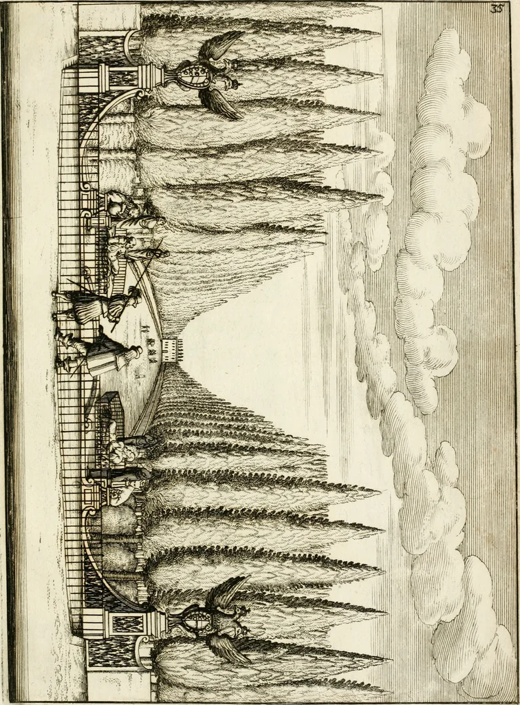 An illustration from Architectura curiosa nova, exponens 1. Fundamenta hydragogica, indolemq[ue] aquæ, aëris interventu in altum levandæ. 2. Varios aquarum ac salientium fontium lusus per varia spectatu jucunda epistomiorum seu siphonum genera. 3. Magnum amnissimorum fontium, machinarumq[ue] aquæductoriarum sumtu magno exstructarum, ac per Italiam, Britanniam, Germaniam &c. visendarum, numerum. 4. Specus artificiales sumtuosissimas, cum plerisq[ue] principum europæorum palatiis, hortis, aulis; nec non præcipuis monasteriis atq[ue] arcibus. 5. Cum auctario figurarum elegantissimarum, ad hortorum topiaria vario ductù dividenda, nec non conclavium laquearibus ac pavimentis segmentandis, itemq[ue] labyrinthis construendis, adhibendarum. Omnia 200 æri incisis... descripta, 1664, leaf 514