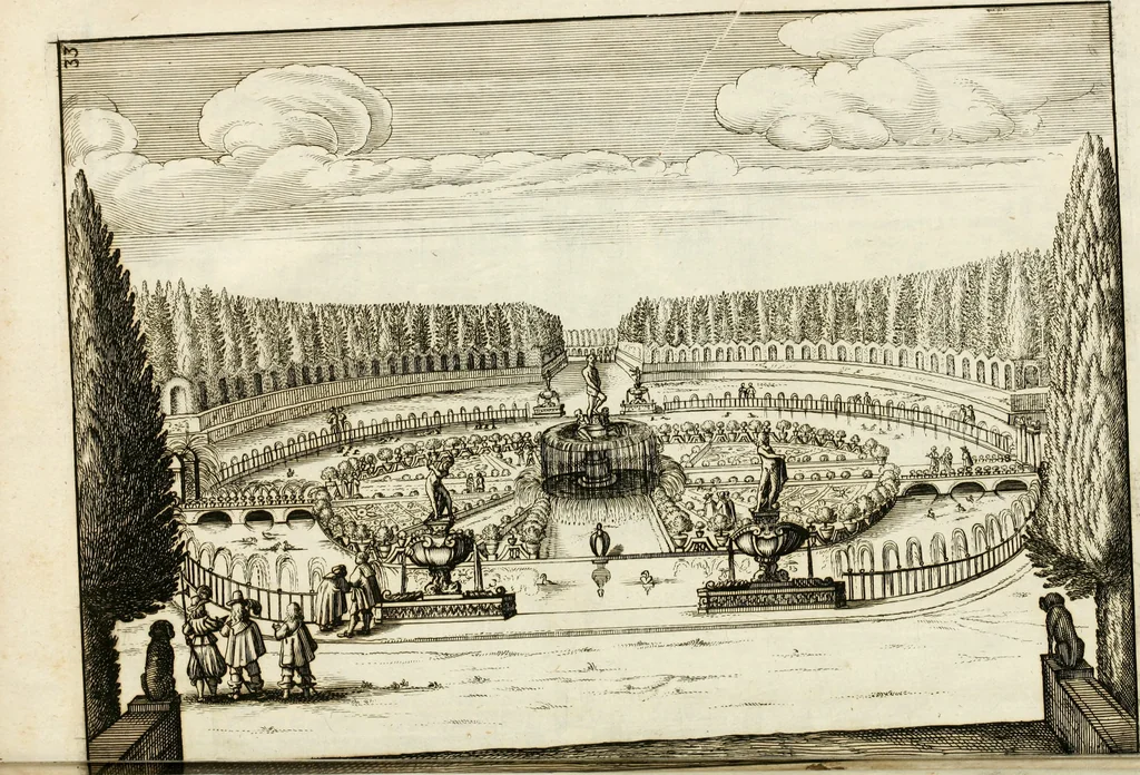 An illustration from Architectura curiosa nova, exponens 1. Fundamenta hydragogica, indolemq[ue] aquæ, aëris interventu in altum levandæ. 2. Varios aquarum ac salientium fontium lusus per varia spectatu jucunda epistomiorum seu siphonum genera. 3. Magnum amnissimorum fontium, machinarumq[ue] aquæductoriarum sumtu magno exstructarum, ac per Italiam, Britanniam, Germaniam &c. visendarum, numerum. 4. Specus artificiales sumtuosissimas, cum plerisq[ue] principum europæorum palatiis, hortis, aulis; nec non præcipuis monasteriis atq[ue] arcibus. 5. Cum auctario figurarum elegantissimarum, ad hortorum topiaria vario ductù dividenda, nec non conclavium laquearibus ac pavimentis segmentandis, itemq[ue] labyrinthis construendis, adhibendarum. Omnia 200 æri incisis... descripta, 1664, leaf 516