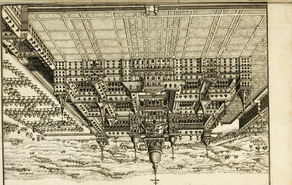 An illustration from Architectura curiosa nova, exponens 1. Fundamenta hydragogica, indolemq[ue] aquæ, aëris interventu in altum levandæ. 2. Varios aquarum ac salientium fontium lusus per varia spectatu jucunda epistomiorum seu siphonum genera. 3. Magnum amnissimorum fontium, machinarumq[ue] aquæductoriarum sumtu magno exstructarum, ac per Italiam, Britanniam, Germaniam &c. visendarum, numerum. 4. Specus artificiales sumtuosissimas, cum plerisq[ue] principum europæorum palatiis, hortis, aulis; nec non præcipuis monasteriis atq[ue] arcibus. 5. Cum auctario figurarum elegantissimarum, ad hortorum topiaria vario ductù dividenda, nec non conclavium laquearibus ac pavimentis segmentandis, itemq[ue] labyrinthis construendis, adhibendarum. Omnia 200 æri incisis... descripta, 1664, leaf 518