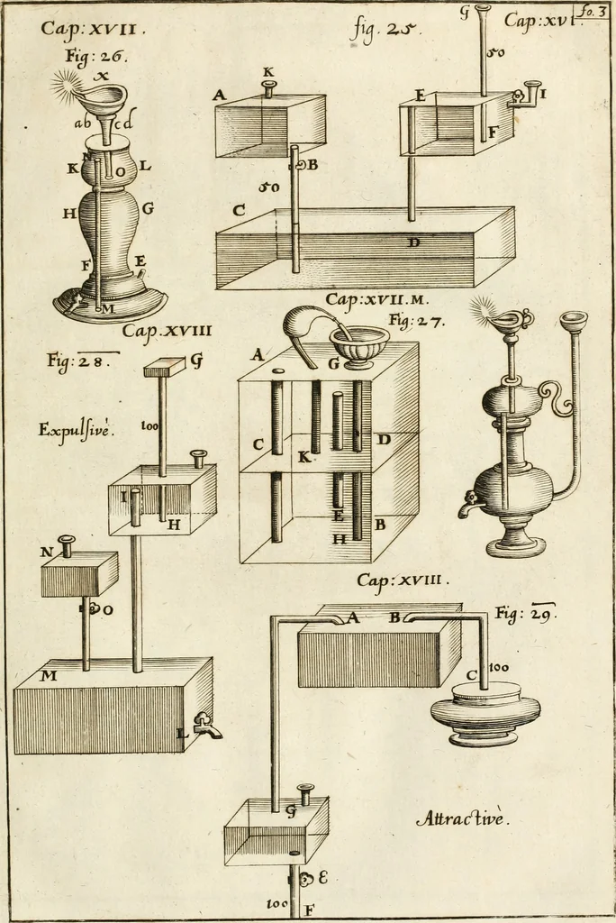 An illustration from Architectura curiosa nova, exponens 1. Fundamenta hydragogica, indolemq[ue] aquæ, aëris interventu in altum levandæ. 2. Varios aquarum ac salientium fontium lusus per varia spectatu jucunda epistomiorum seu siphonum genera. 3. Magnum amnissimorum fontium, machinarumq[ue] aquæductoriarum sumtu magno exstructarum, ac per Italiam, Britanniam, Germaniam &c. visendarum, numerum. 4. Specus artificiales sumtuosissimas, cum plerisq[ue] principum europæorum palatiis, hortis, aulis; nec non præcipuis monasteriis atq[ue] arcibus. 5. Cum auctario figurarum elegantissimarum, ad hortorum topiaria vario ductù dividenda, nec non conclavium laquearibus ac pavimentis segmentandis, itemq[ue] labyrinthis construendis, adhibendarum. Omnia 200 æri incisis... descripta, 1664, leaf 54