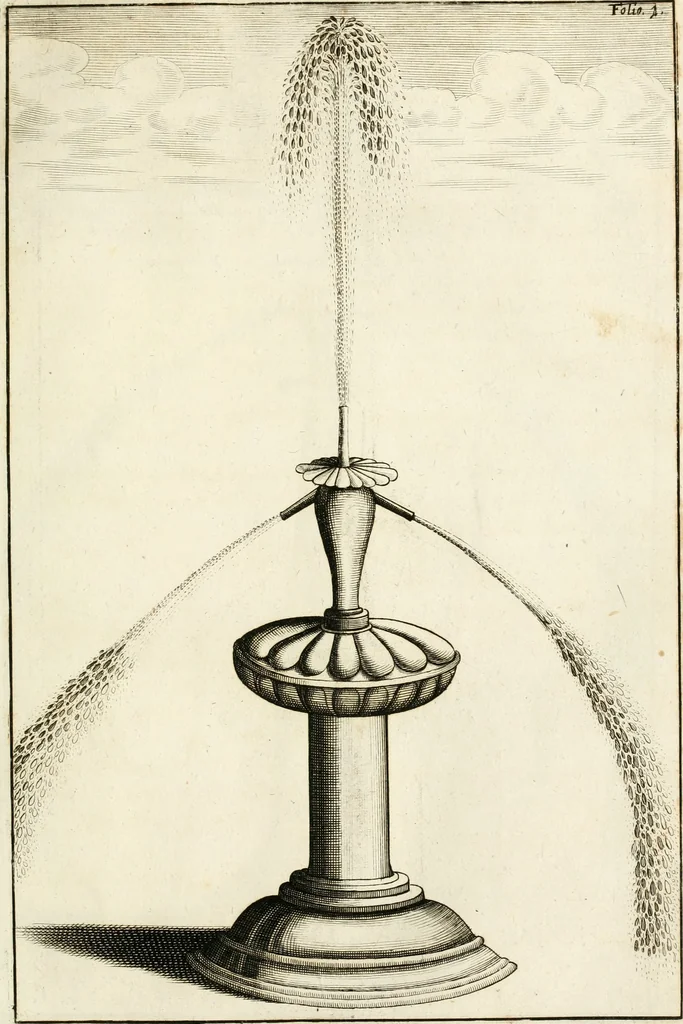An illustration from Architectura curiosa nova, exponens 1. Fundamenta hydragogica, indolemq[ue] aquæ, aëris interventu in altum levandæ. 2. Varios aquarum ac salientium fontium lusus per varia spectatu jucunda epistomiorum seu siphonum genera. 3. Magnum amnissimorum fontium, machinarumq[ue] aquæductoriarum sumtu magno exstructarum, ac per Italiam, Britanniam, Germaniam &c. visendarum, numerum. 4. Specus artificiales sumtuosissimas, cum plerisq[ue] principum europæorum palatiis, hortis, aulis; nec non præcipuis monasteriis atq[ue] arcibus. 5. Cum auctario figurarum elegantissimarum, ad hortorum topiaria vario ductù dividenda, nec non conclavium laquearibus ac pavimentis segmentandis, itemq[ue] labyrinthis construendis, adhibendarum. Omnia 200 æri incisis... descripta, 1664, leaf 74