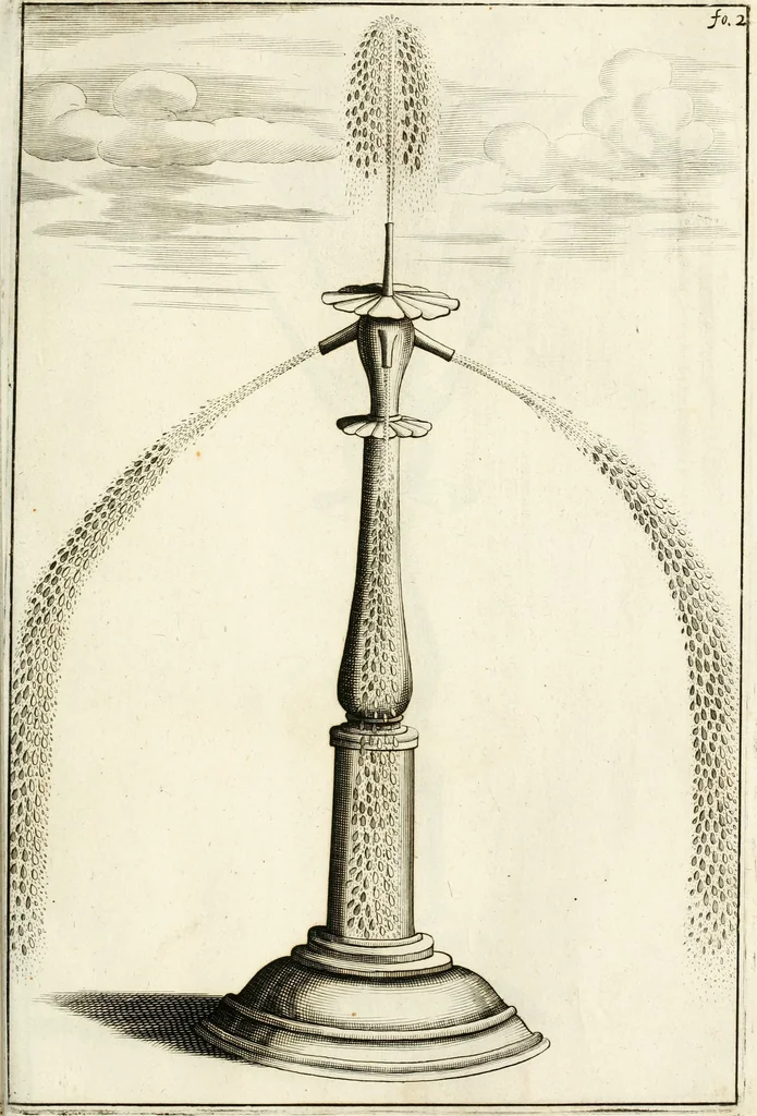 An illustration from Architectura curiosa nova, exponens 1. Fundamenta hydragogica, indolemq[ue] aquæ, aëris interventu in altum levandæ. 2. Varios aquarum ac salientium fontium lusus per varia spectatu jucunda epistomiorum seu siphonum genera. 3. Magnum amnissimorum fontium, machinarumq[ue] aquæductoriarum sumtu magno exstructarum, ac per Italiam, Britanniam, Germaniam &c. visendarum, numerum. 4. Specus artificiales sumtuosissimas, cum plerisq[ue] principum europæorum palatiis, hortis, aulis; nec non præcipuis monasteriis atq[ue] arcibus. 5. Cum auctario figurarum elegantissimarum, ad hortorum topiaria vario ductù dividenda, nec non conclavium laquearibus ac pavimentis segmentandis, itemq[ue] labyrinthis construendis, adhibendarum. Omnia 200 æri incisis... descripta, 1664, leaf 76