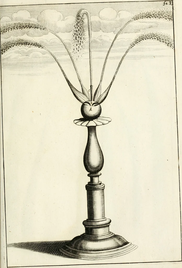 An illustration from Architectura curiosa nova, exponens 1. Fundamenta hydragogica, indolemq[ue] aquæ, aëris interventu in altum levandæ. 2. Varios aquarum ac salientium fontium lusus per varia spectatu jucunda epistomiorum seu siphonum genera. 3. Magnum amnissimorum fontium, machinarumq[ue] aquæductoriarum sumtu magno exstructarum, ac per Italiam, Britanniam, Germaniam &c. visendarum, numerum. 4. Specus artificiales sumtuosissimas, cum plerisq[ue] principum europæorum palatiis, hortis, aulis; nec non præcipuis monasteriis atq[ue] arcibus. 5. Cum auctario figurarum elegantissimarum, ad hortorum topiaria vario ductù dividenda, nec non conclavium laquearibus ac pavimentis segmentandis, itemq[ue] labyrinthis construendis, adhibendarum. Omnia 200 æri incisis... descripta, 1664, leaf 78