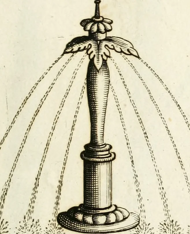 An illustration from Architectura curiosa nova, exponens 1. Fundamenta hydragogica, indolemq[ue] aquæ, aëris interventu in altum levandæ. 2. Varios aquarum ac salientium fontium lusus per varia spectatu jucunda epistomiorum seu siphonum genera. 3. Magnum amnissimorum fontium, machinarumq[ue] aquæductoriarum sumtu magno exstructarum, ac per Italiam, Britanniam, Germaniam &c. visendarum, numerum. 4. Specus artificiales sumtuosissimas, cum plerisq[ue] principum europæorum palatiis, hortis, aulis; nec non præcipuis monasteriis atq[ue] arcibus. 5. Cum auctario figurarum elegantissimarum, ad hortorum topiaria vario ductù dividenda, nec non conclavium laquearibus ac pavimentis segmentandis, itemq[ue] labyrinthis construendis, adhibendarum. Omnia 200 æri incisis... descripta, 1664, leaf 82