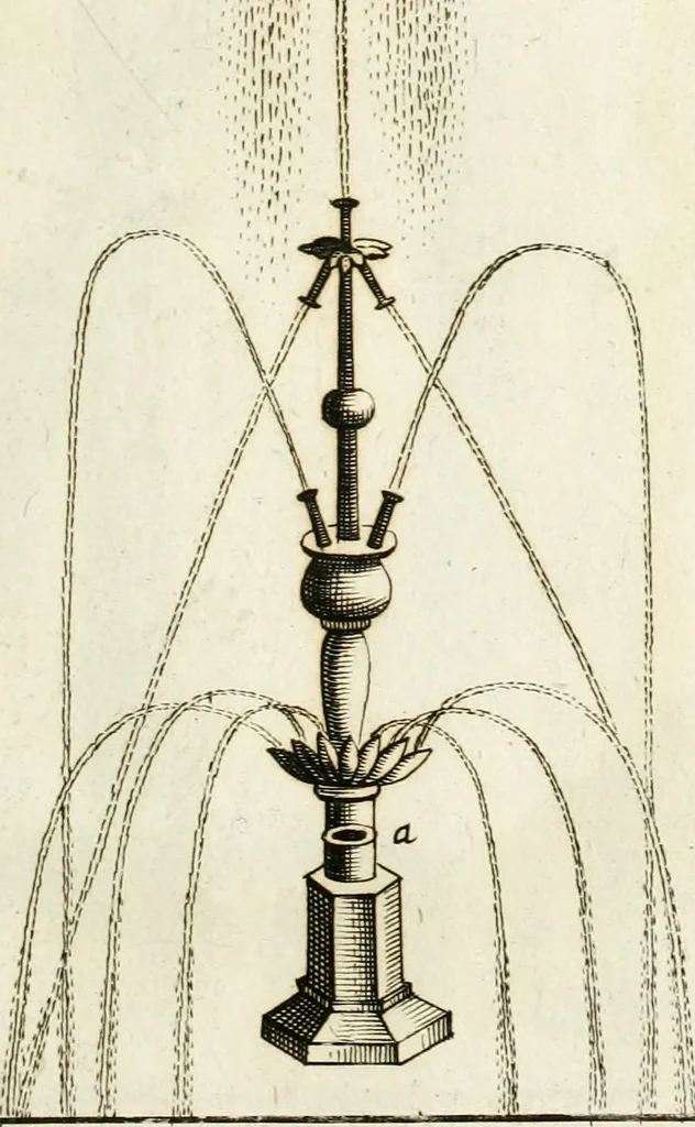 An illustration from Architectura curiosa nova, exponens 1. Fundamenta hydragogica, indolemq[ue] aquæ, aëris interventu in altum levandæ. 2. Varios aquarum ac salientium fontium lusus per varia spectatu jucunda epistomiorum seu siphonum genera. 3. Magnum amnissimorum fontium, machinarumq[ue] aquæductoriarum sumtu magno exstructarum, ac per Italiam, Britanniam, Germaniam &c. visendarum, numerum. 4. Specus artificiales sumtuosissimas, cum plerisq[ue] principum europæorum palatiis, hortis, aulis; nec non præcipuis monasteriis atq[ue] arcibus. 5. Cum auctario figurarum elegantissimarum, ad hortorum topiaria vario ductù dividenda, nec non conclavium laquearibus ac pavimentis segmentandis, itemq[ue] labyrinthis construendis, adhibendarum. Omnia 200 æri incisis... descripta, 1664, leaf 82