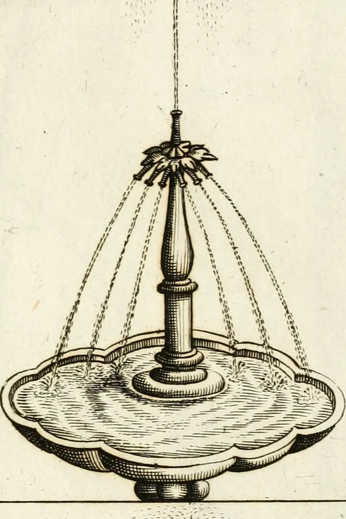 An illustration from Architectura curiosa nova, exponens 1. Fundamenta hydragogica, indolemq[ue] aquæ, aëris interventu in altum levandæ. 2. Varios aquarum ac salientium fontium lusus per varia spectatu jucunda epistomiorum seu siphonum genera. 3. Magnum amnissimorum fontium, machinarumq[ue] aquæductoriarum sumtu magno exstructarum, ac per Italiam, Britanniam, Germaniam &c. visendarum, numerum. 4. Specus artificiales sumtuosissimas, cum plerisq[ue] principum europæorum palatiis, hortis, aulis; nec non præcipuis monasteriis atq[ue] arcibus. 5. Cum auctario figurarum elegantissimarum, ad hortorum topiaria vario ductù dividenda, nec non conclavium laquearibus ac pavimentis segmentandis, itemq[ue] labyrinthis construendis, adhibendarum. Omnia 200 æri incisis... descripta, 1664, leaf 82