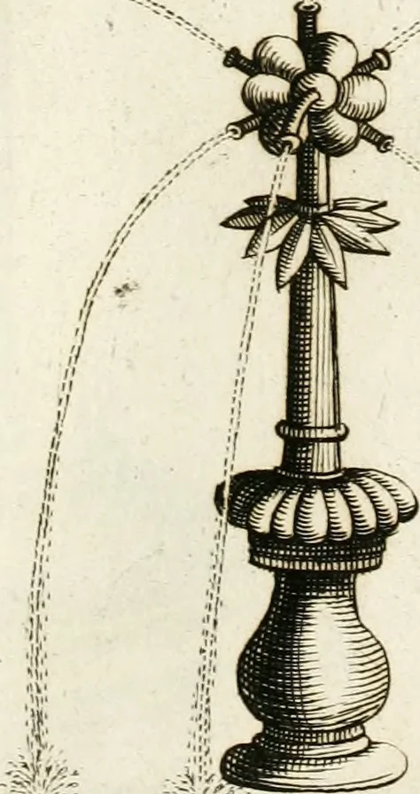 An illustration from Architectura curiosa nova, exponens 1. Fundamenta hydragogica, indolemq[ue] aquæ, aëris interventu in altum levandæ. 2. Varios aquarum ac salientium fontium lusus per varia spectatu jucunda epistomiorum seu siphonum genera. 3. Magnum amnissimorum fontium, machinarumq[ue] aquæductoriarum sumtu magno exstructarum, ac per Italiam, Britanniam, Germaniam &c. visendarum, numerum. 4. Specus artificiales sumtuosissimas, cum plerisq[ue] principum europæorum palatiis, hortis, aulis; nec non præcipuis monasteriis atq[ue] arcibus. 5. Cum auctario figurarum elegantissimarum, ad hortorum topiaria vario ductù dividenda, nec non conclavium laquearibus ac pavimentis segmentandis, itemq[ue] labyrinthis construendis, adhibendarum. Omnia 200 æri incisis... descripta, 1664, leaf 82