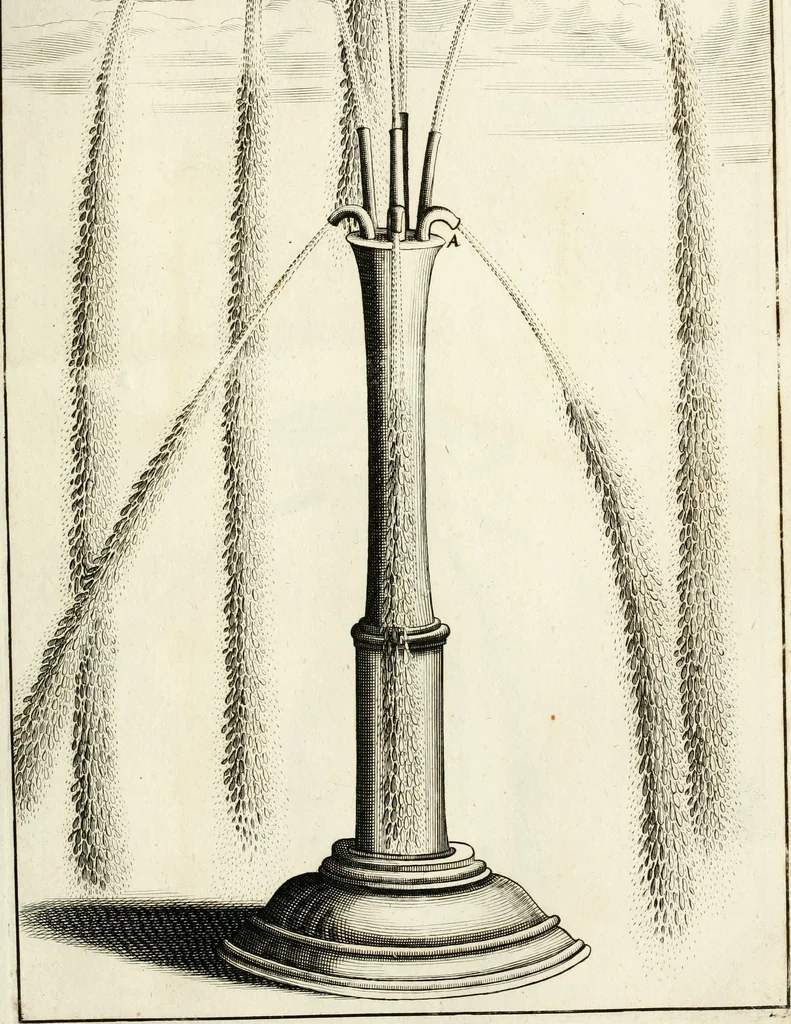 An illustration from Architectura curiosa nova, exponens 1. Fundamenta hydragogica, indolemq[ue] aquæ, aëris interventu in altum levandæ. 2. Varios aquarum ac salientium fontium lusus per varia spectatu jucunda epistomiorum seu siphonum genera. 3. Magnum amnissimorum fontium, machinarumq[ue] aquæductoriarum sumtu magno exstructarum, ac per Italiam, Britanniam, Germaniam &c. visendarum, numerum. 4. Specus artificiales sumtuosissimas, cum plerisq[ue] principum europæorum palatiis, hortis, aulis; nec non præcipuis monasteriis atq[ue] arcibus. 5. Cum auctario figurarum elegantissimarum, ad hortorum topiaria vario ductù dividenda, nec non conclavium laquearibus ac pavimentis segmentandis, itemq[ue] labyrinthis construendis, adhibendarum. Omnia 200 æri incisis... descripta, 1664, leaf 84