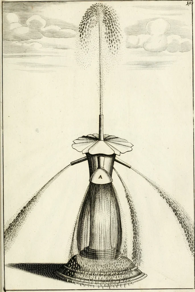 An illustration from Architectura curiosa nova, exponens 1. Fundamenta hydragogica, indolemq[ue] aquæ, aëris interventu in altum levandæ. 2. Varios aquarum ac salientium fontium lusus per varia spectatu jucunda epistomiorum seu siphonum genera. 3. Magnum amnissimorum fontium, machinarumq[ue] aquæductoriarum sumtu magno exstructarum, ac per Italiam, Britanniam, Germaniam &c. visendarum, numerum. 4. Specus artificiales sumtuosissimas, cum plerisq[ue] principum europæorum palatiis, hortis, aulis; nec non præcipuis monasteriis atq[ue] arcibus. 5. Cum auctario figurarum elegantissimarum, ad hortorum topiaria vario ductù dividenda, nec non conclavium laquearibus ac pavimentis segmentandis, itemq[ue] labyrinthis construendis, adhibendarum. Omnia 200 æri incisis... descripta, 1664, leaf 86