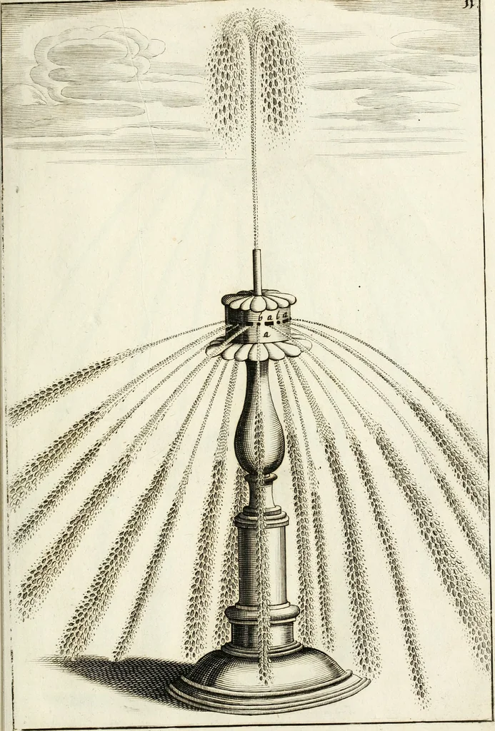 An illustration from Architectura curiosa nova, exponens 1. Fundamenta hydragogica, indolemq[ue] aquæ, aëris interventu in altum levandæ. 2. Varios aquarum ac salientium fontium lusus per varia spectatu jucunda epistomiorum seu siphonum genera. 3. Magnum amnissimorum fontium, machinarumq[ue] aquæductoriarum sumtu magno exstructarum, ac per Italiam, Britanniam, Germaniam &c. visendarum, numerum. 4. Specus artificiales sumtuosissimas, cum plerisq[ue] principum europæorum palatiis, hortis, aulis; nec non præcipuis monasteriis atq[ue] arcibus. 5. Cum auctario figurarum elegantissimarum, ad hortorum topiaria vario ductù dividenda, nec non conclavium laquearibus ac pavimentis segmentandis, itemq[ue] labyrinthis construendis, adhibendarum. Omnia 200 æri incisis... descripta, 1664, leaf 88