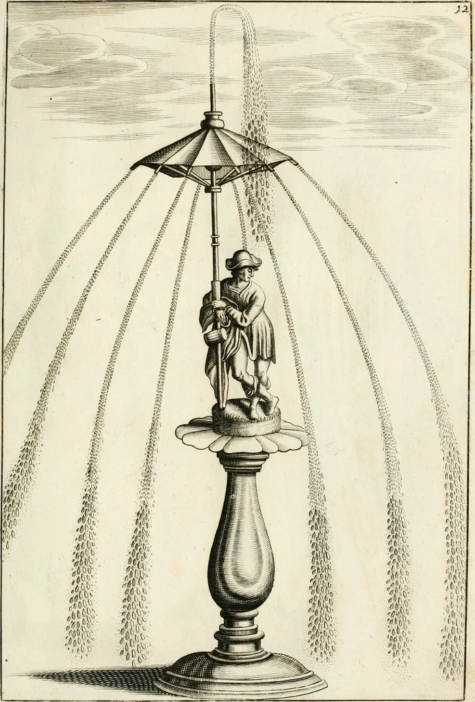 An illustration from Architectura curiosa nova, exponens 1. Fundamenta hydragogica, indolemq[ue] aquæ, aëris interventu in altum levandæ. 2. Varios aquarum ac salientium fontium lusus per varia spectatu jucunda epistomiorum seu siphonum genera. 3. Magnum amnissimorum fontium, machinarumq[ue] aquæductoriarum sumtu magno exstructarum, ac per Italiam, Britanniam, Germaniam &c. visendarum, numerum. 4. Specus artificiales sumtuosissimas, cum plerisq[ue] principum europæorum palatiis, hortis, aulis; nec non præcipuis monasteriis atq[ue] arcibus. 5. Cum auctario figurarum elegantissimarum, ad hortorum topiaria vario ductù dividenda, nec non conclavium laquearibus ac pavimentis segmentandis, itemq[ue] labyrinthis construendis, adhibendarum. Omnia 200 æri incisis... descripta, 1664, leaf 90