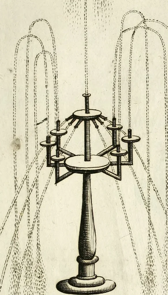 An illustration from Architectura curiosa nova, exponens 1. Fundamenta hydragogica, indolemq[ue] aquæ, aëris interventu in altum levandæ. 2. Varios aquarum ac salientium fontium lusus per varia spectatu jucunda epistomiorum seu siphonum genera. 3. Magnum amnissimorum fontium, machinarumq[ue] aquæductoriarum sumtu magno exstructarum, ac per Italiam, Britanniam, Germaniam &c. visendarum, numerum. 4. Specus artificiales sumtuosissimas, cum plerisq[ue] principum europæorum palatiis, hortis, aulis; nec non præcipuis monasteriis atq[ue] arcibus. 5. Cum auctario figurarum elegantissimarum, ad hortorum topiaria vario ductù dividenda, nec non conclavium laquearibus ac pavimentis segmentandis, itemq[ue] labyrinthis construendis, adhibendarum. Omnia 200 æri incisis... descripta, 1664, leaf 96