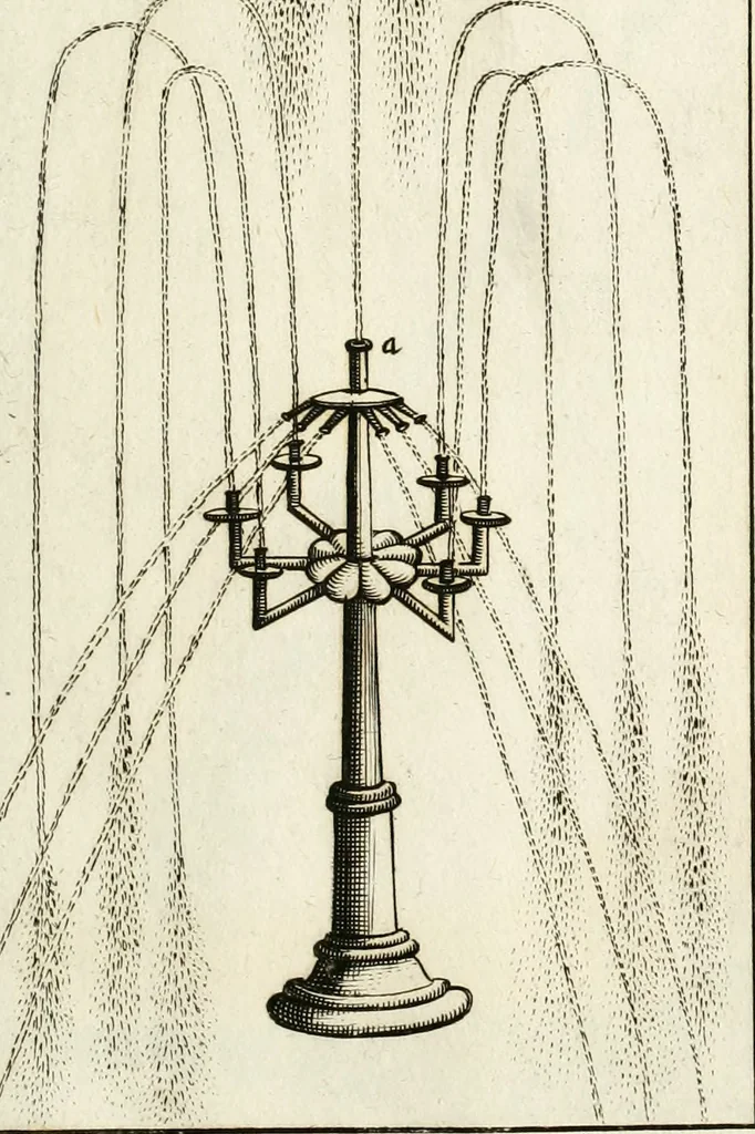 An illustration from Architectura curiosa nova, exponens 1. Fundamenta hydragogica, indolemq[ue] aquæ, aëris interventu in altum levandæ. 2. Varios aquarum ac salientium fontium lusus per varia spectatu jucunda epistomiorum seu siphonum genera. 3. Magnum amnissimorum fontium, machinarumq[ue] aquæductoriarum sumtu magno exstructarum, ac per Italiam, Britanniam, Germaniam &c. visendarum, numerum. 4. Specus artificiales sumtuosissimas, cum plerisq[ue] principum europæorum palatiis, hortis, aulis; nec non præcipuis monasteriis atq[ue] arcibus. 5. Cum auctario figurarum elegantissimarum, ad hortorum topiaria vario ductù dividenda, nec non conclavium laquearibus ac pavimentis segmentandis, itemq[ue] labyrinthis construendis, adhibendarum. Omnia 200 æri incisis... descripta, 1664, leaf 96