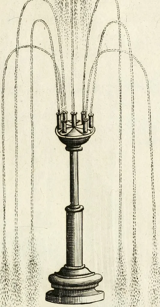 An illustration from Architectura curiosa nova, exponens 1. Fundamenta hydragogica, indolemq[ue] aquæ, aëris interventu in altum levandæ. 2. Varios aquarum ac salientium fontium lusus per varia spectatu jucunda epistomiorum seu siphonum genera. 3. Magnum amnissimorum fontium, machinarumq[ue] aquæductoriarum sumtu magno exstructarum, ac per Italiam, Britanniam, Germaniam &c. visendarum, numerum. 4. Specus artificiales sumtuosissimas, cum plerisq[ue] principum europæorum palatiis, hortis, aulis; nec non præcipuis monasteriis atq[ue] arcibus. 5. Cum auctario figurarum elegantissimarum, ad hortorum topiaria vario ductù dividenda, nec non conclavium laquearibus ac pavimentis segmentandis, itemq[ue] labyrinthis construendis, adhibendarum. Omnia 200 æri incisis... descripta, 1664, leaf 96