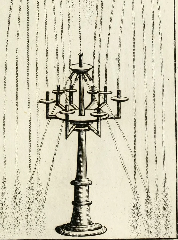 An illustration from Architectura curiosa nova, exponens 1. Fundamenta hydragogica, indolemq[ue] aquæ, aëris interventu in altum levandæ. 2. Varios aquarum ac salientium fontium lusus per varia spectatu jucunda epistomiorum seu siphonum genera. 3. Magnum amnissimorum fontium, machinarumq[ue] aquæductoriarum sumtu magno exstructarum, ac per Italiam, Britanniam, Germaniam &c. visendarum, numerum. 4. Specus artificiales sumtuosissimas, cum plerisq[ue] principum europæorum palatiis, hortis, aulis; nec non præcipuis monasteriis atq[ue] arcibus. 5. Cum auctario figurarum elegantissimarum, ad hortorum topiaria vario ductù dividenda, nec non conclavium laquearibus ac pavimentis segmentandis, itemq[ue] labyrinthis construendis, adhibendarum. Omnia 200 æri incisis... descripta, 1664, leaf 96