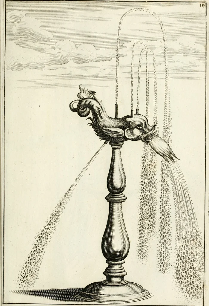 An illustration from Architectura curiosa nova, exponens 1. Fundamenta hydragogica, indolemq[ue] aquæ, aëris interventu in altum levandæ. 2. Varios aquarum ac salientium fontium lusus per varia spectatu jucunda epistomiorum seu siphonum genera. 3. Magnum amnissimorum fontium, machinarumq[ue] aquæductoriarum sumtu magno exstructarum, ac per Italiam, Britanniam, Germaniam &c. visendarum, numerum. 4. Specus artificiales sumtuosissimas, cum plerisq[ue] principum europæorum palatiis, hortis, aulis; nec non præcipuis monasteriis atq[ue] arcibus. 5. Cum auctario figurarum elegantissimarum, ad hortorum topiaria vario ductù dividenda, nec non conclavium laquearibus ac pavimentis segmentandis, itemq[ue] labyrinthis construendis, adhibendarum. Omnia 200 æri incisis... descripta, 1664, leaf 98