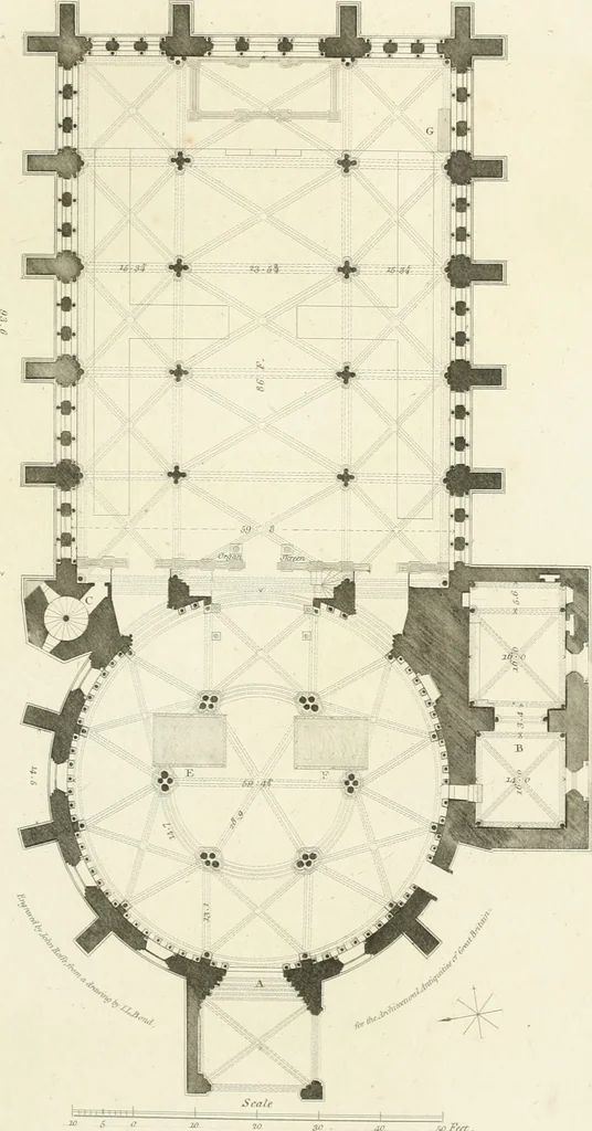 An illustration from The architectural antiquities of Great Britain : represented and illustrated in a series of views, elevations, plans, sections, and details, of various ancient English edifices : with historical and descriptive accounts of each, 1807, leaf 120