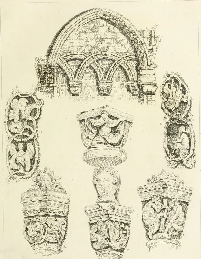 An illustration from The architectural antiquities of Great Britain : represented and illustrated in a series of views, elevations, plans, sections, and details, of various ancient English edifices : with historical and descriptive accounts of each, 1807, leaf 42