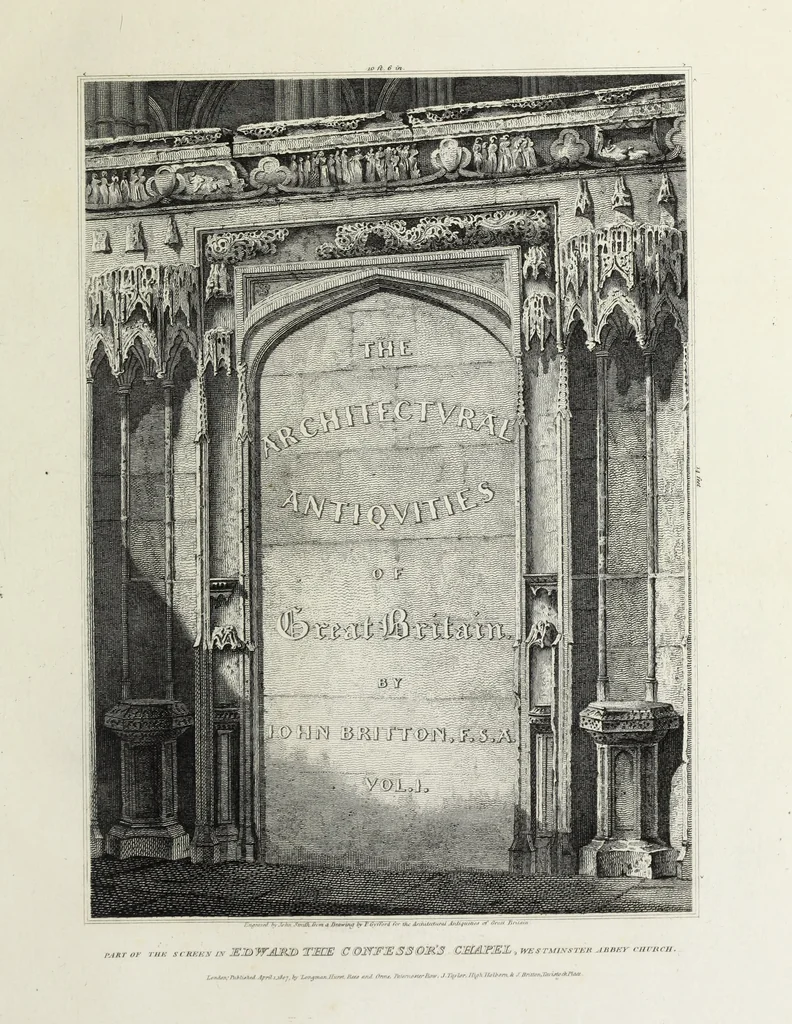 An illustration from The architectural antiquities of Great Britain, represented and illustrated in a series of views, elevations, plans, sections, and details, of various ancient English edifices : with historical and descriptive accounts of each, 1807, leaf 10