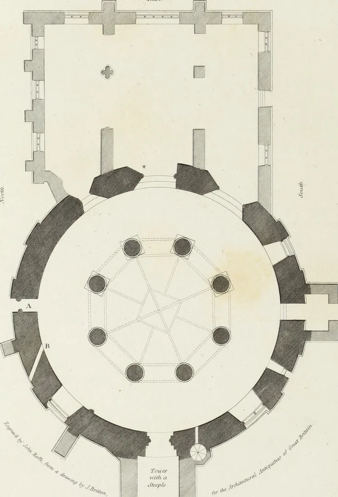 An illustration from The architectural antiquities of Great Britain, represented and illustrated in a series of views, elevations, plans, sections, and details, of various ancient English edifices : with historical and descriptive accounts of each, 1807, leaf 123