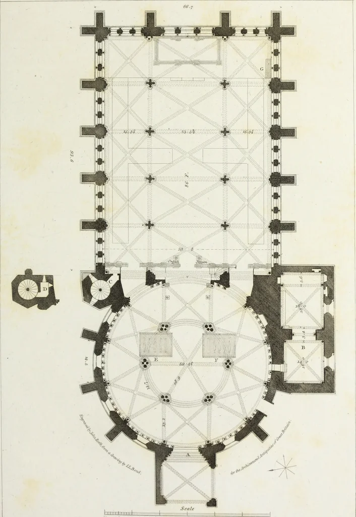 An illustration from The architectural antiquities of Great Britain, represented and illustrated in a series of views, elevations, plans, sections, and details, of various ancient English edifices : with historical and descriptive accounts of each, 1807, leaf 146