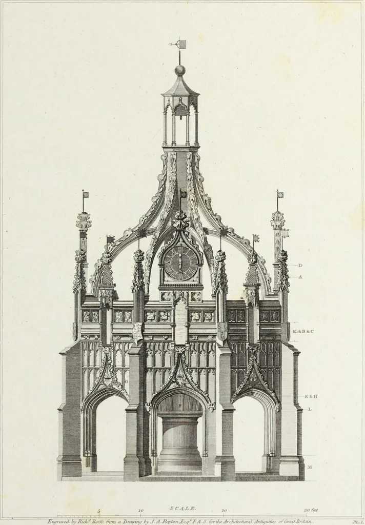 An illustration from The architectural antiquities of Great Britain, represented and illustrated in a series of views, elevations, plans, sections, and details, of various ancient English edifices : with historical and descriptive accounts of each, 1807, leaf 184