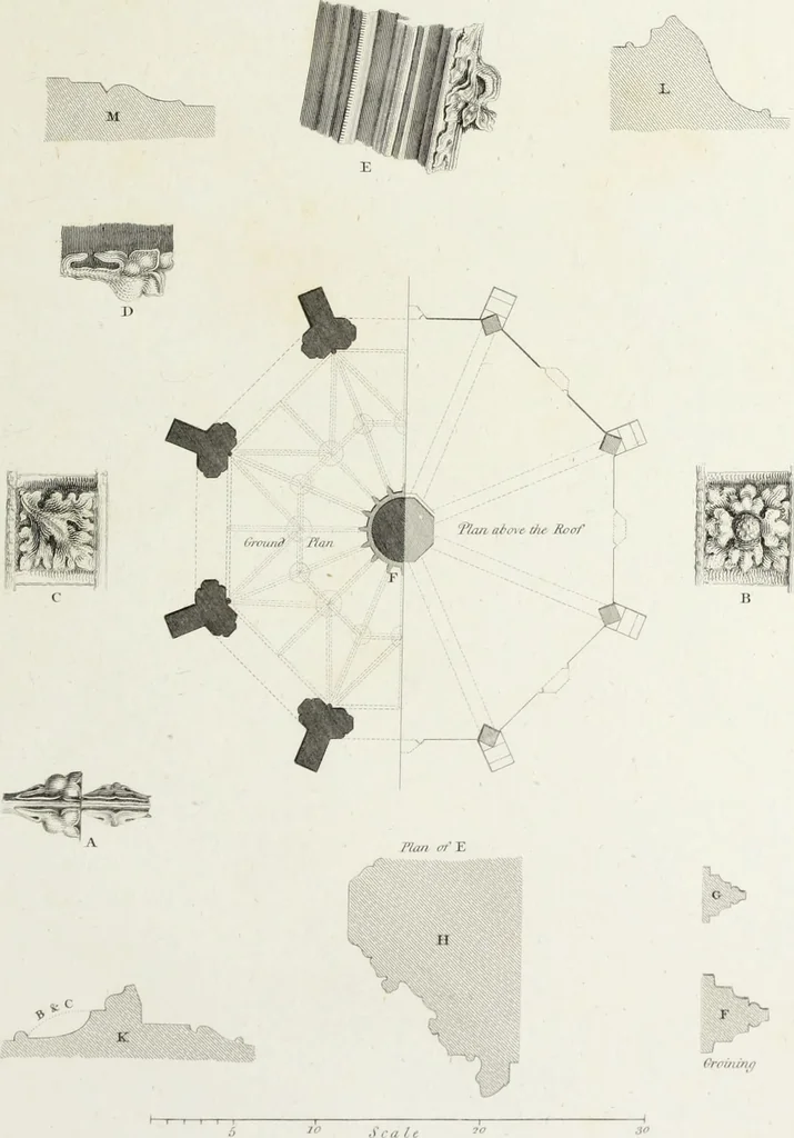 An illustration from The architectural antiquities of Great Britain, represented and illustrated in a series of views, elevations, plans, sections, and details, of various ancient English edifices : with historical and descriptive accounts of each, 1807, leaf 186