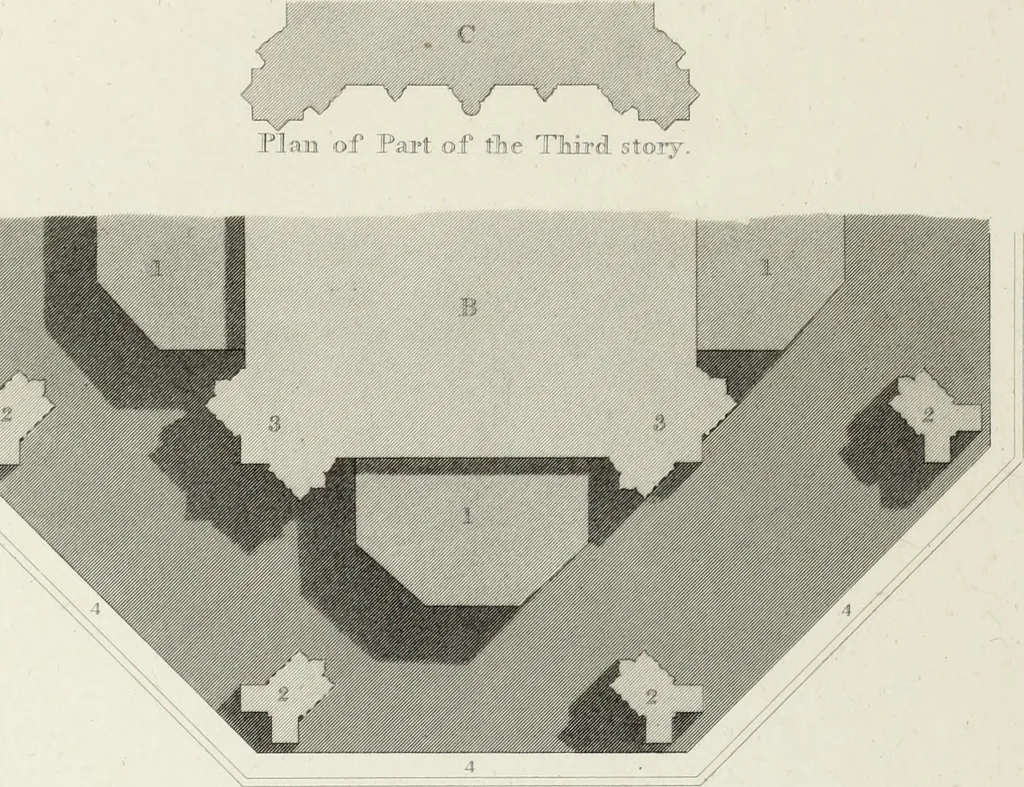 An illustration from The architectural antiquities of Great Britain, represented and illustrated in a series of views, elevations, plans, sections, and details, of various ancient English edifices : with historical and descriptive accounts of each, 1807, leaf 247