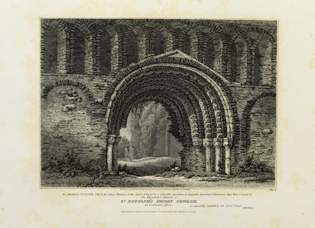 An illustration from The architectural antiquities of Great Britain, represented and illustrated in a series of views, elevations, plans, sections, and details, of various ancient English edifices : with historical and descriptive accounts of each, 1807, leaf 25