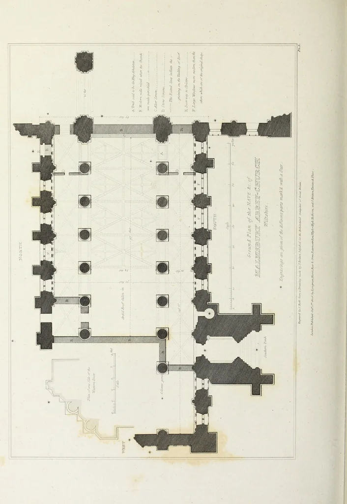 An illustration from The architectural antiquities of Great Britain, represented and illustrated in a series of views, elevations, plans, sections, and details, of various ancient English edifices : with historical and descriptive accounts of each, 1807, leaf 259
