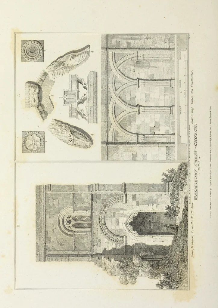 An illustration from The architectural antiquities of Great Britain, represented and illustrated in a series of views, elevations, plans, sections, and details, of various ancient English edifices : with historical and descriptive accounts of each, 1807, leaf 281