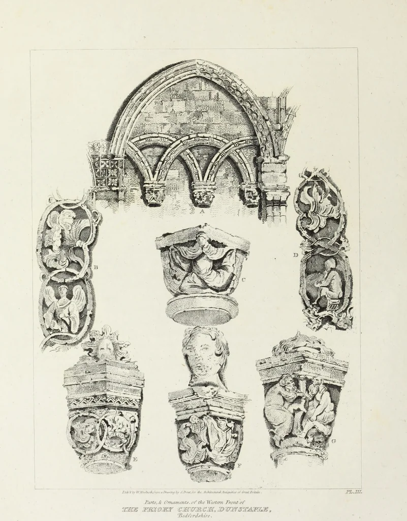 An illustration from The architectural antiquities of Great Britain, represented and illustrated in a series of views, elevations, plans, sections, and details, of various ancient English edifices : with historical and descriptive accounts of each, 1807, leaf 51